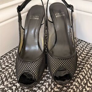 Stuart Weitzman Black Mesh Peep-Toe Heels